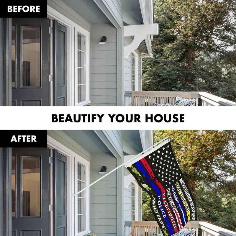 G128 Combo Pack: 6 Ft Tangle Free Aluminum Spinning Flagpole (White) & Thin Line First Responders American Flag 3x5 Ft, LiteWeave Pro Series Printed 150D Polyester | Pole with Flag Included