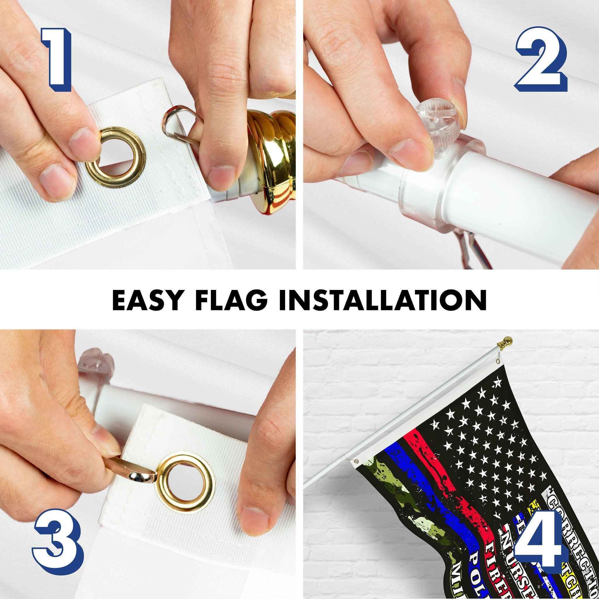 G128 Combo Pack: 6 Ft Tangle Free Aluminum Spinning Flagpole (White) & Thin Line First Responders American Flag 3x5 Ft, LiteWeave Pro Series Printed 150D Polyester | Pole with Flag Included