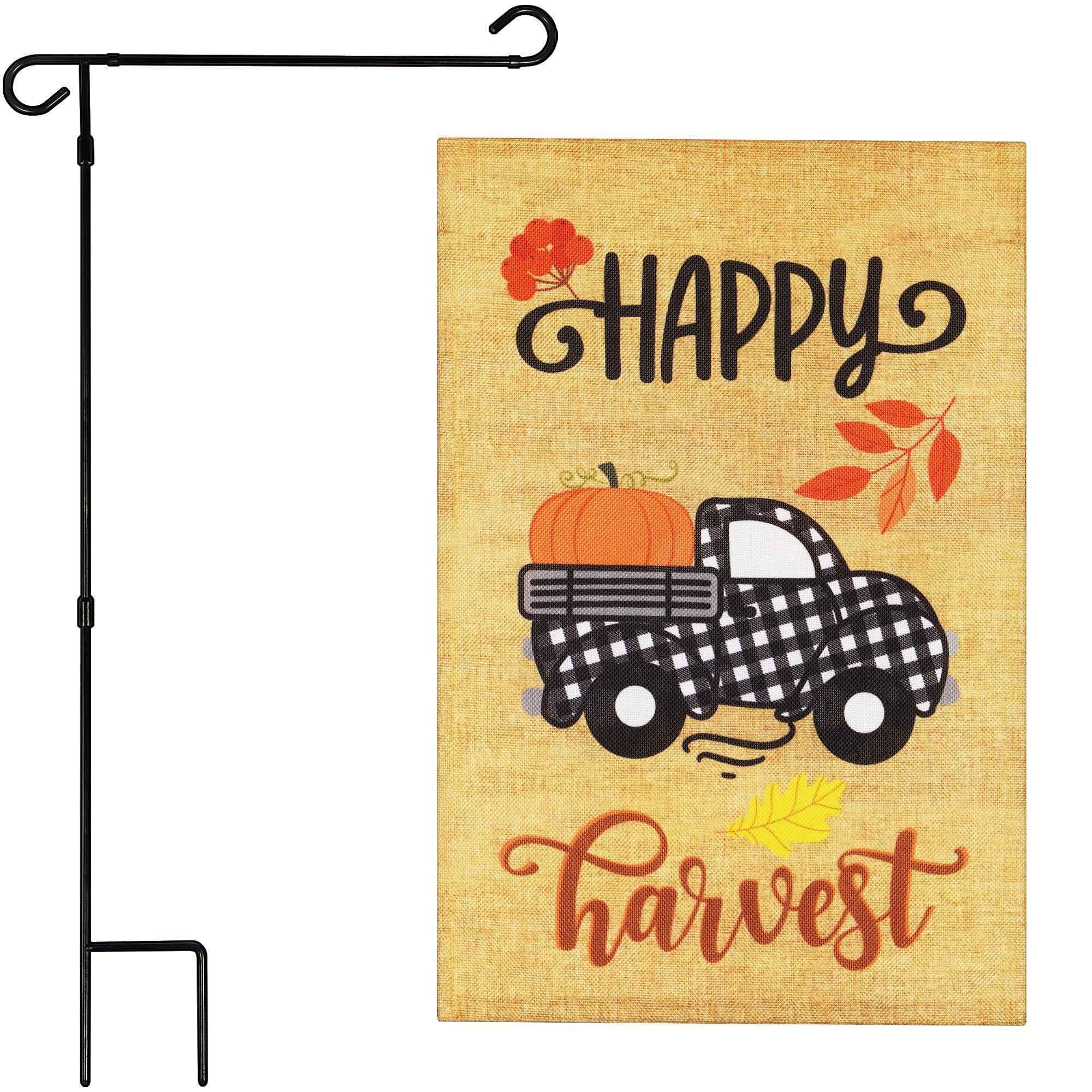 G128 Combo Pack: Garden Flag Stand Black 36 in x 16 in & Garden Flag Fall Decoration Happy Harvest Pumpkin in Truck Bed 12"x18" Double-Sided Burlap Fabric