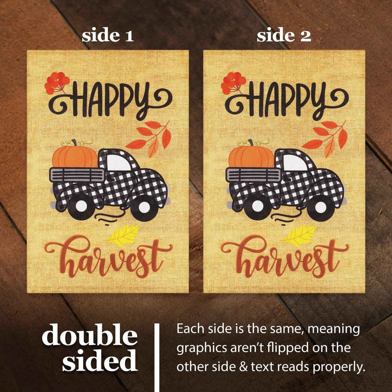 G128 Combo Pack: Garden Flag Stand Black 36 in x 16 in & Garden Flag Fall Decoration Happy Harvest Pumpkin in Truck Bed 12"x18" Double-Sided Burlap Fabric