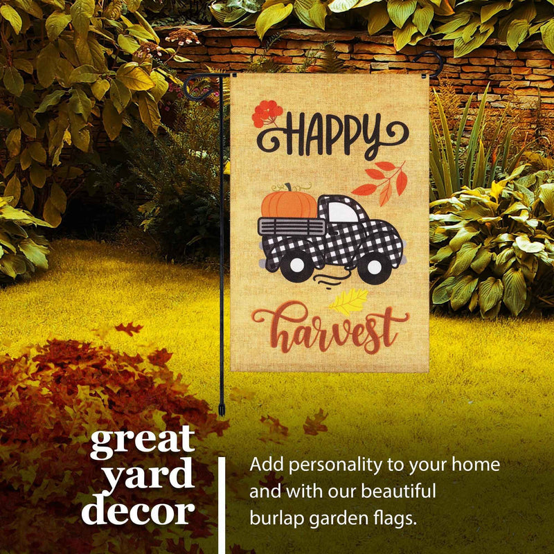 G128 Combo Pack: Garden Flag Stand Black 36 in x 16 in & Garden Flag Fall Decoration Happy Harvest Pumpkin in Truck Bed 12"x18" Double-Sided Burlap Fabric