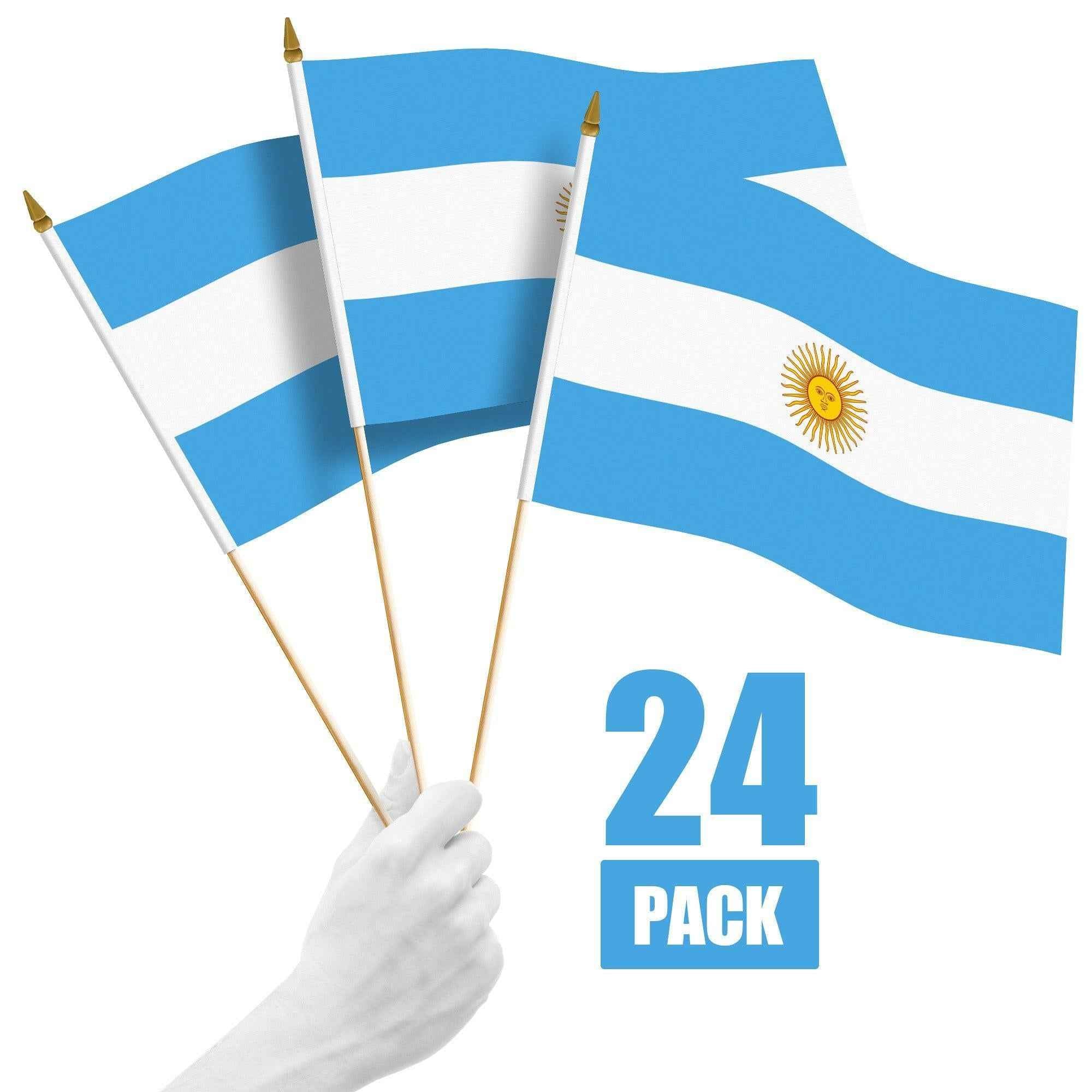 G128 24 Pack Handheld Argentina Argentinian Stick Flags | 12x18 In | Printed 150D Polyester, Country Flag, Solid Wooden Stick, Spear Gold Tip