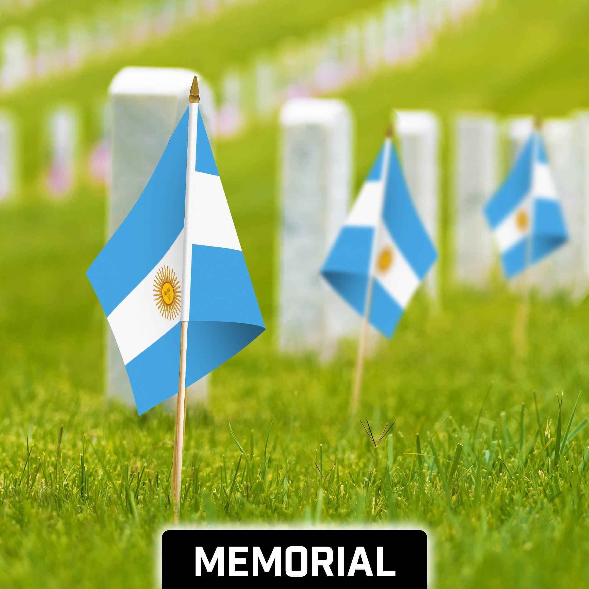 G128 24 Pack Handheld Argentina Argentinian Stick Flags | 12x18 In | Printed 150D Polyester, Country Flag, Solid Wooden Stick, Spear Gold Tip