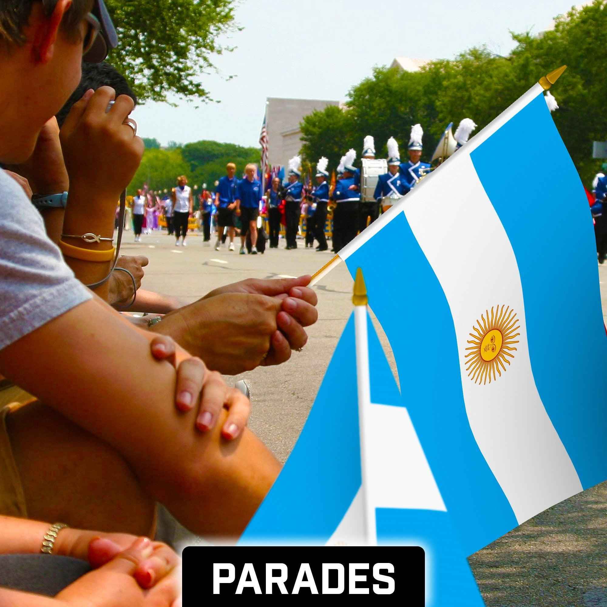 G128 24 Pack Handheld Argentina Argentinian Stick Flags | 12x18 In | Printed 150D Polyester, Country Flag, Solid Wooden Stick, Spear Gold Tip