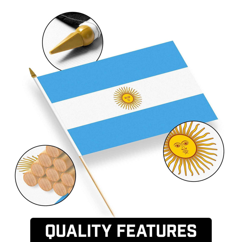 G128 24 Pack Handheld Argentina Argentinian Stick Flags | 12x18 In | Printed 150D Polyester, Country Flag, Solid Wooden Stick, Spear Gold Tip