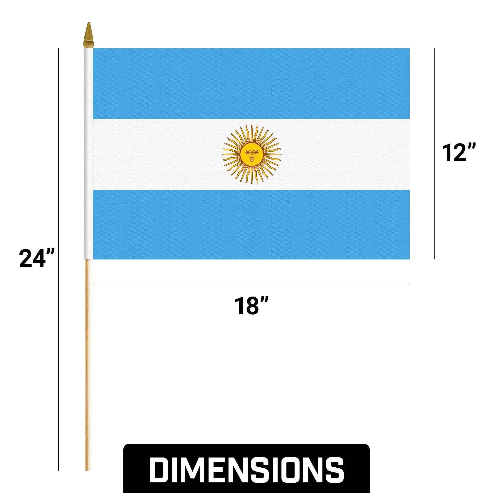 G128 24 Pack Handheld Argentina Argentinian Stick Flags | 12x18 In | Printed 150D Polyester, Country Flag, Solid Wooden Stick, Spear Gold Tip