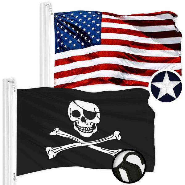 G128 Combo Pack: American USA Flag 3x5 Ft & Pirate Jolly Roger Bones Flag 3x5 Ft | Both ToughWeave Series Embroidered 300D Polyester, Embroidered Design, Indoor/Outdoor, Brass Grommets