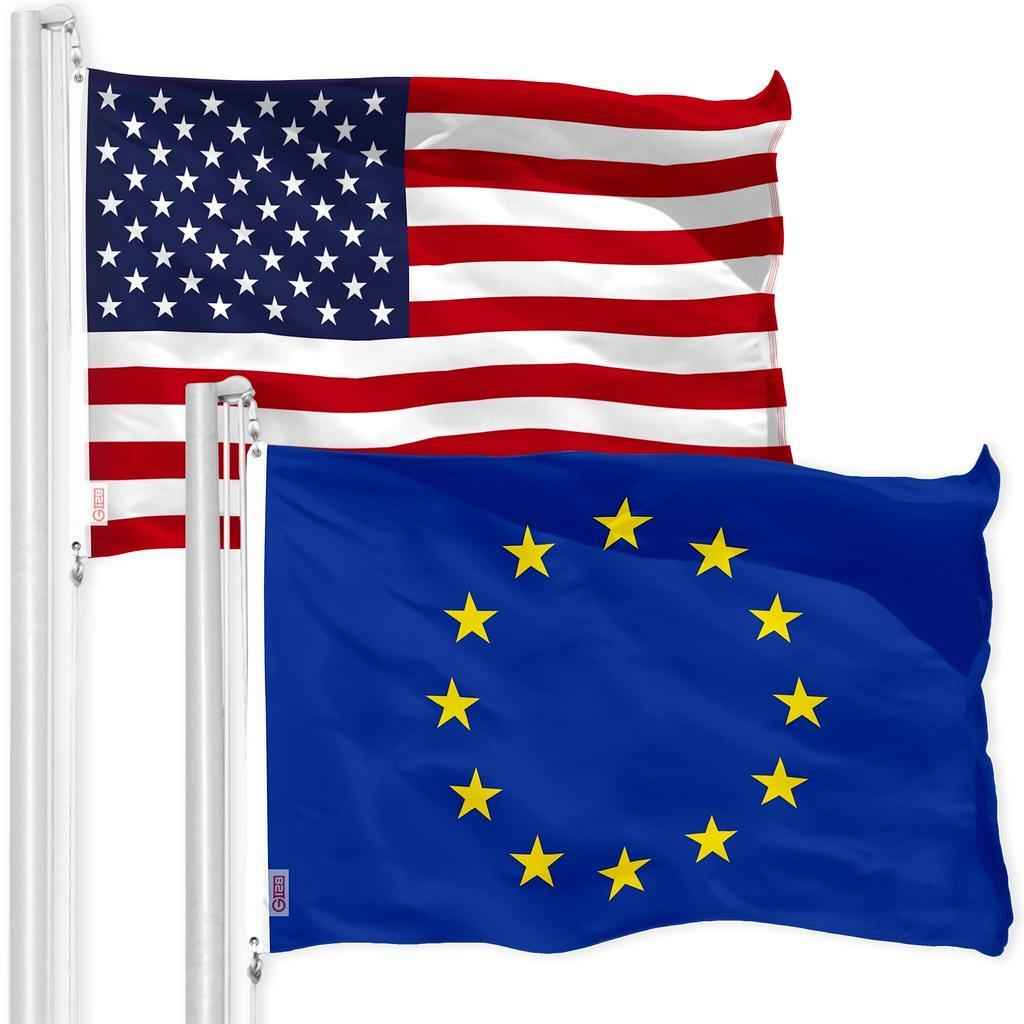 G128 Combo Pack: American USA Flag 3x5 Ft & European Union Flag 3x5 Ft, Both Printed 150D Polyester, Indoor/Outdoor, Brass Grommets