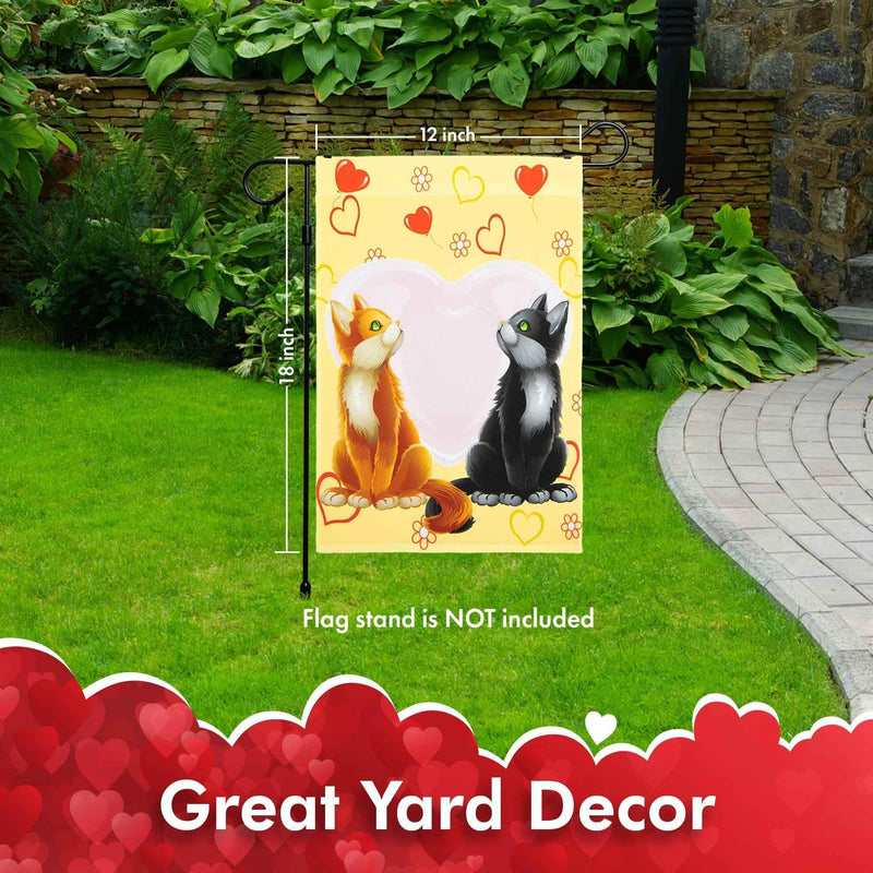 G128 - Valentine's Day Garden Flag, Valentine Themed Decorations - Cats in Love,  | 12x18 Inch | Printed 150D Polyester - Rustic Holiday Seasonal Outdoor Flag