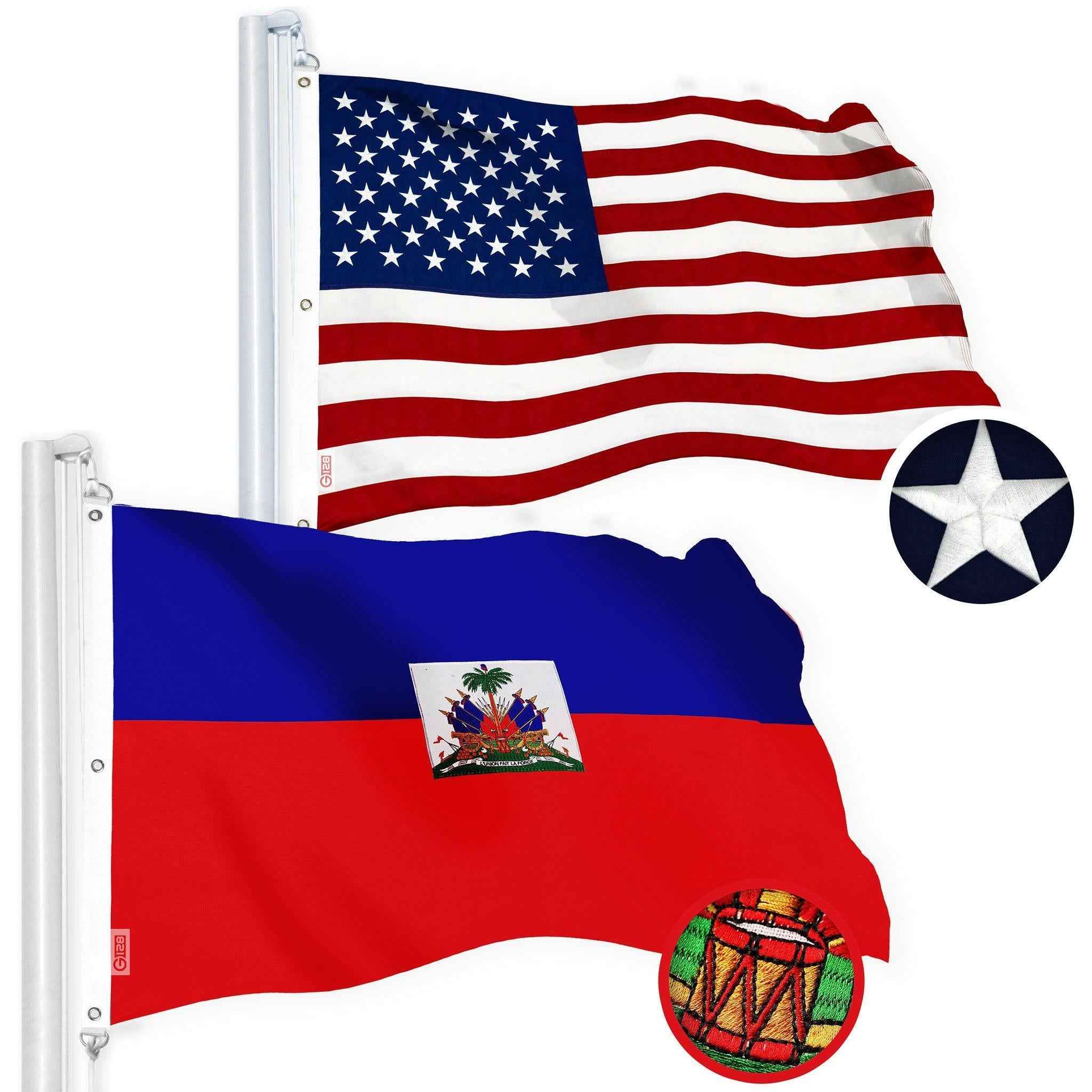 G128 Combo Pack: American USA Flag 6x10 Ft & Haiti Flag 6x10 Ft, Both Embroidered SPUN Polyester, Indoor/Outdoor, Brass Grommets