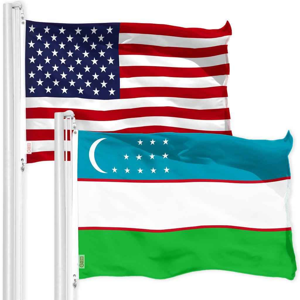 G128 Combo Pack: American USA Flag 3x5 Ft & Uzbekistan Flag 3x5 Ft, Both Printed 150D Polyester, Indoor/Outdoor, Brass Grommets