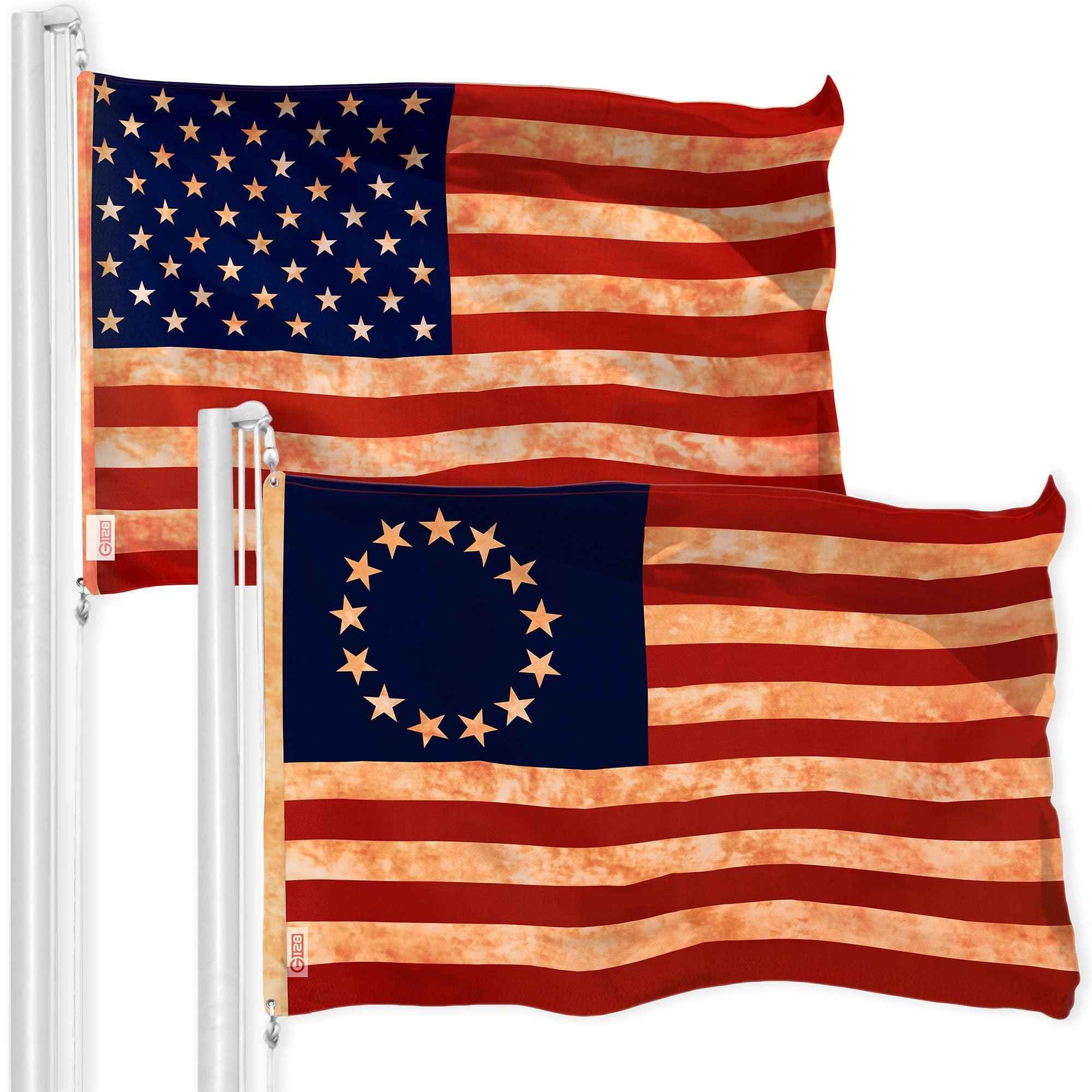G128 Combo Pack: American USA Tea-Stained Flag 3x5 Ft & Betsy Ross Tea-Stained Flag 3x5 Ft | Both LiteWeave Pro Series Printed 300D Polyester, Brass Grommets