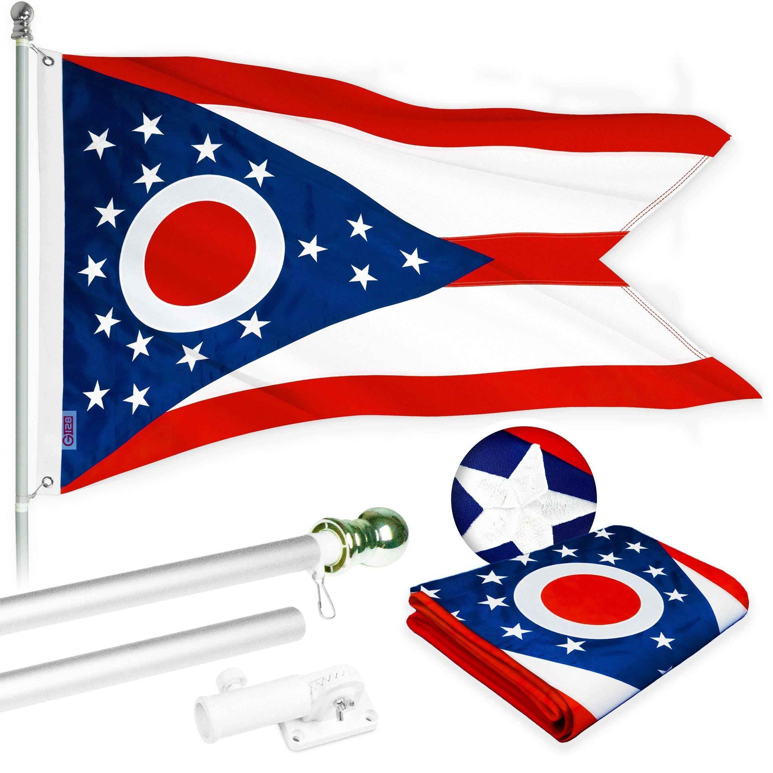 G128 Combo Pack: 5 Ft Tangle Free Aluminum Spinning Flagpole (Silver) & Ohio OH State Flag 2x3 Ft, ToughWeave Series Embroidered 300D Polyester | Pole with Flag Included
