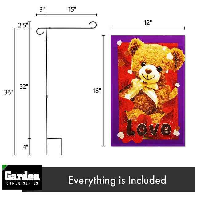 G128 Combo Pack: Garden Flag Stand Black 36x16 Inch & Garden Flag Love Toy Bear 12x18 Inch