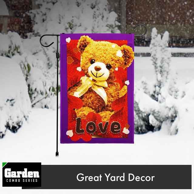 G128 Combo Pack: Garden Flag Stand Black 36x16 Inch & Garden Flag Love Toy Bear 12x18 Inch