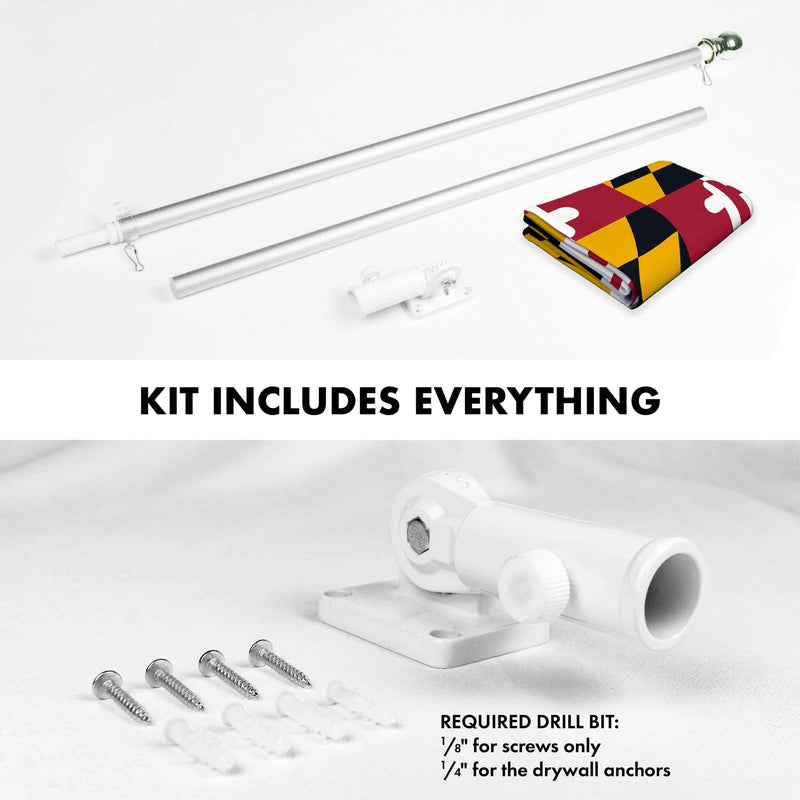 G128 Combo Pack: 5 Ft Tangle Free Aluminum Spinning Flagpole (Silver) & Maryland MD State Flag 2.5x4 Ft, ToughWeave Series Embroidered 300D Polyester | Pole with Flag Included