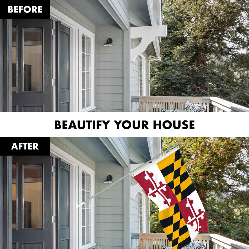 G128 Combo Pack: 5 Ft Tangle Free Aluminum Spinning Flagpole (Silver) & Maryland MD State Flag 2.5x4 Ft, ToughWeave Series Embroidered 300D Polyester | Pole with Flag Included