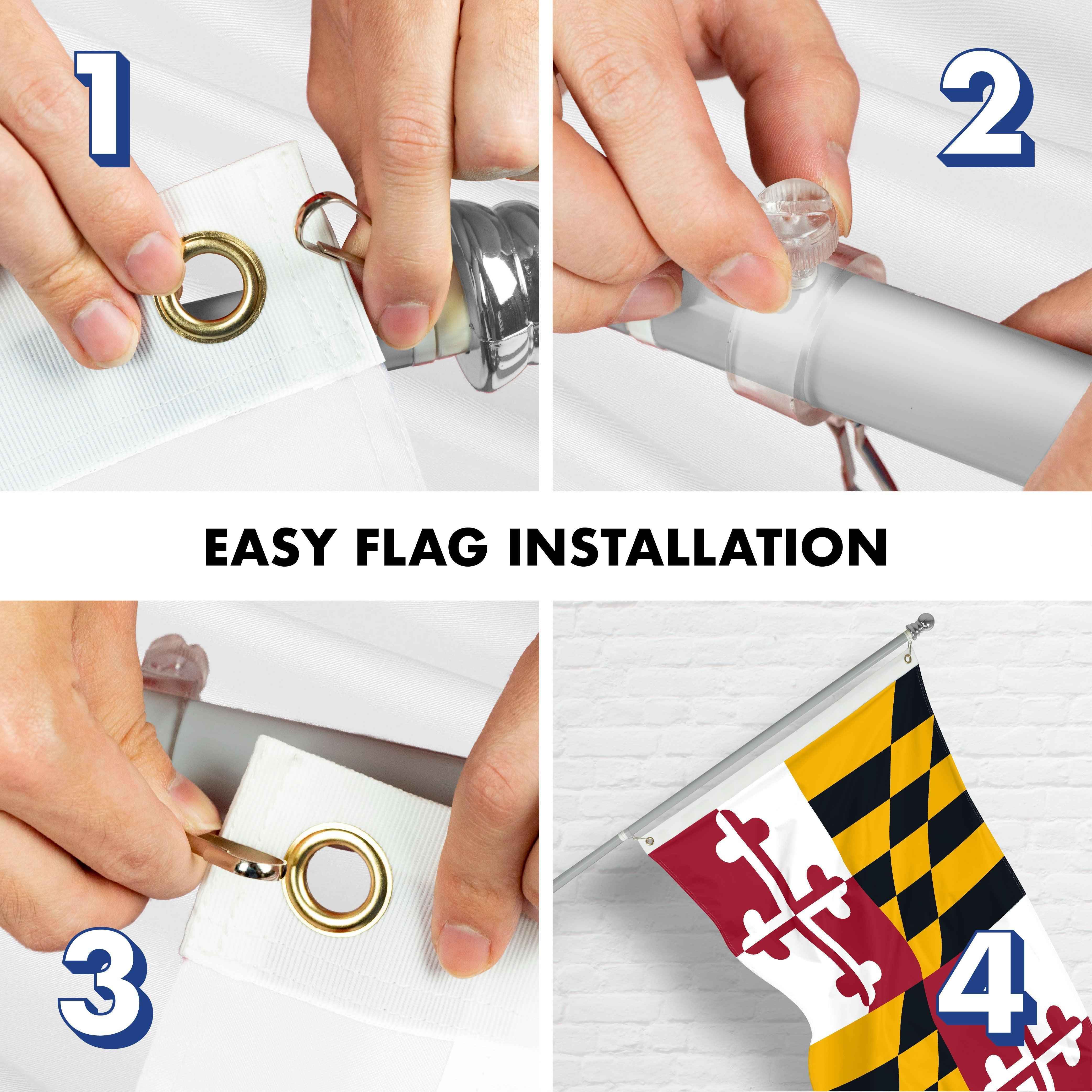 G128 Combo Pack: 5 Ft Tangle Free Aluminum Spinning Flagpole (Silver) & Maryland MD State Flag 2.5x4 Ft, ToughWeave Series Embroidered 300D Polyester | Pole with Flag Included