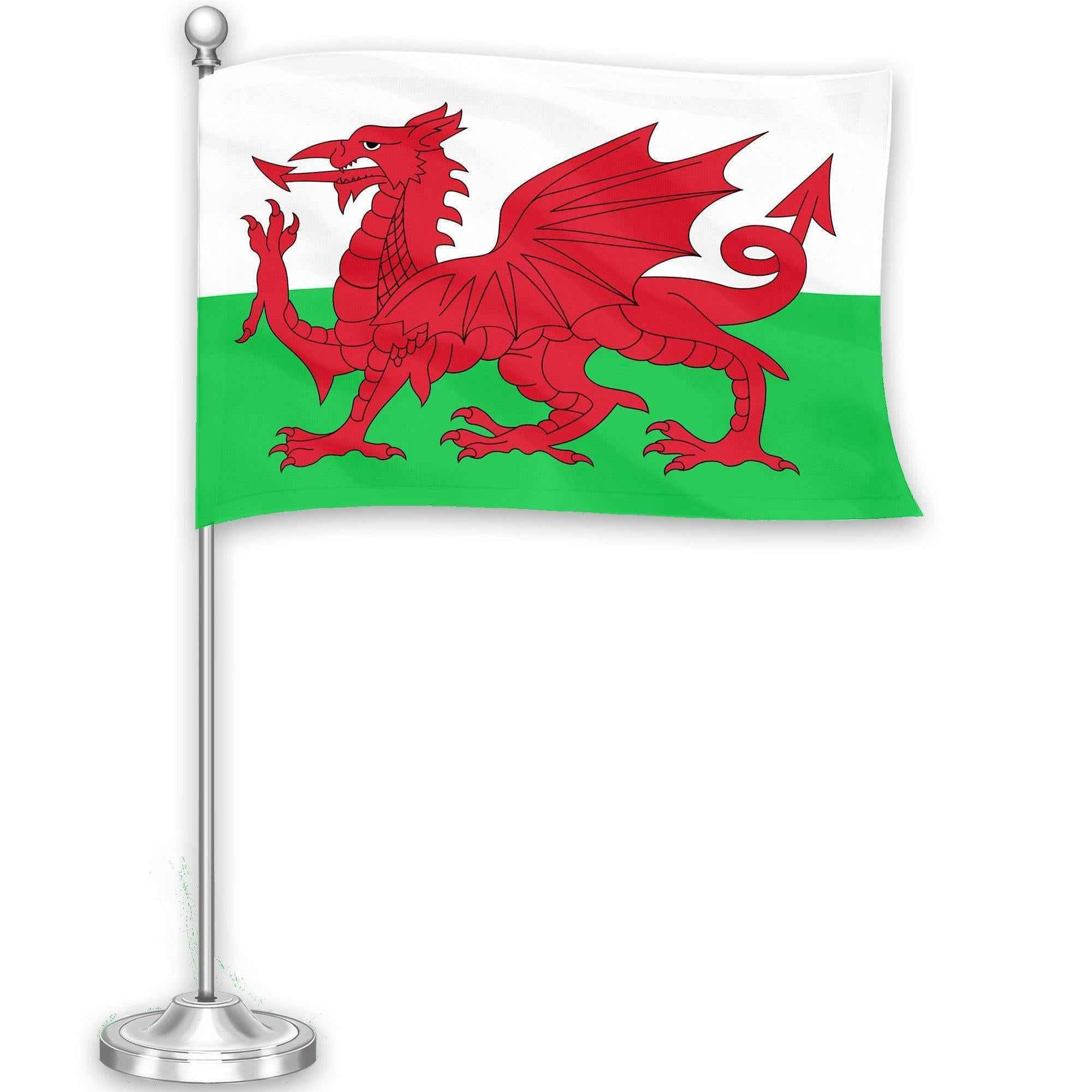 G128 Wales Welsh Deluxe Desk Flag Set | 8.5x5.5 In | Printed 300D Polyester, with Silver Dome and Base, 15" Metal Pole, Decorations For Office, Home and Festival Events Celebration