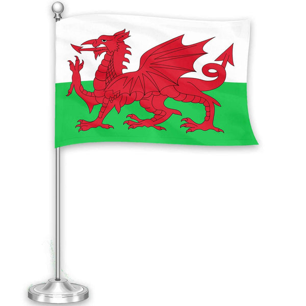 G128 Wales Welsh Deluxe Desk Flag Set | 8.5x5.5 In | Printed 300D Polyester, with Silver Dome and Base, 15" Metal Pole, Decorations For Office, Home and Festival Events Celebration