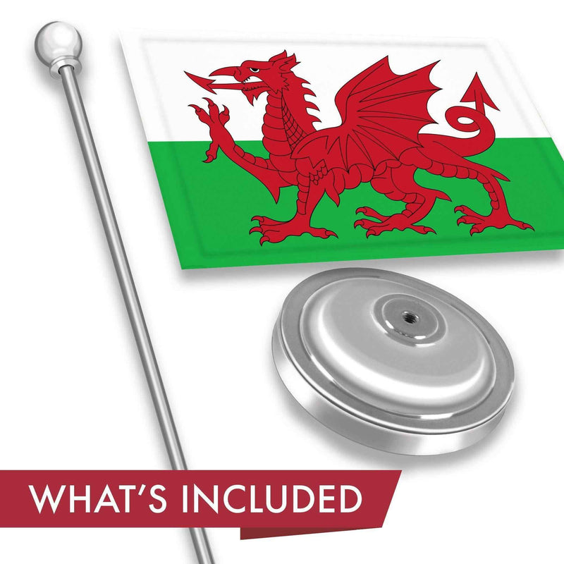 G128 Wales Welsh Deluxe Desk Flag Set | 8.5x5.5 In | Printed 300D Polyester, with Silver Dome and Base, 15" Metal Pole, Decorations For Office, Home and Festival Events Celebration