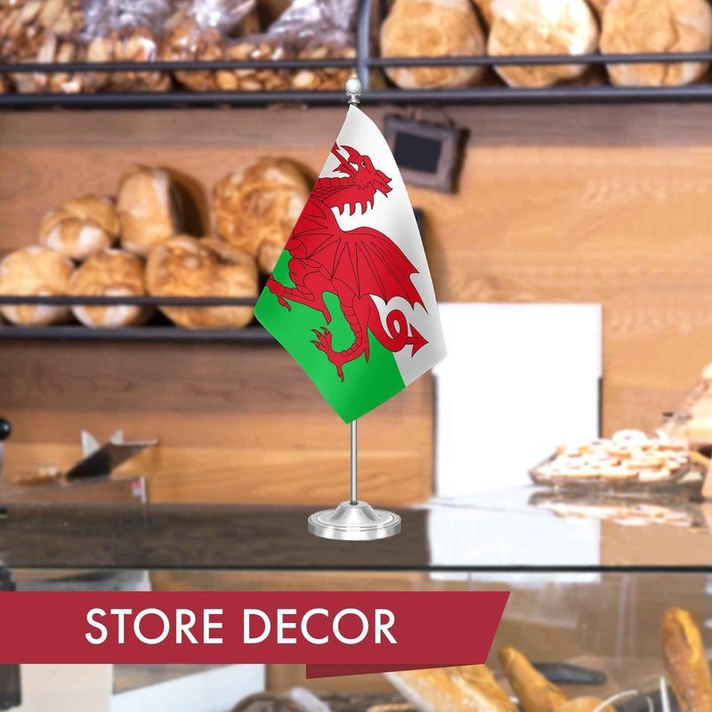G128 Wales Welsh Deluxe Desk Flag Set | 8.5x5.5 In | Printed 300D Polyester, with Silver Dome and Base, 15" Metal Pole, Decorations For Office, Home and Festival Events Celebration