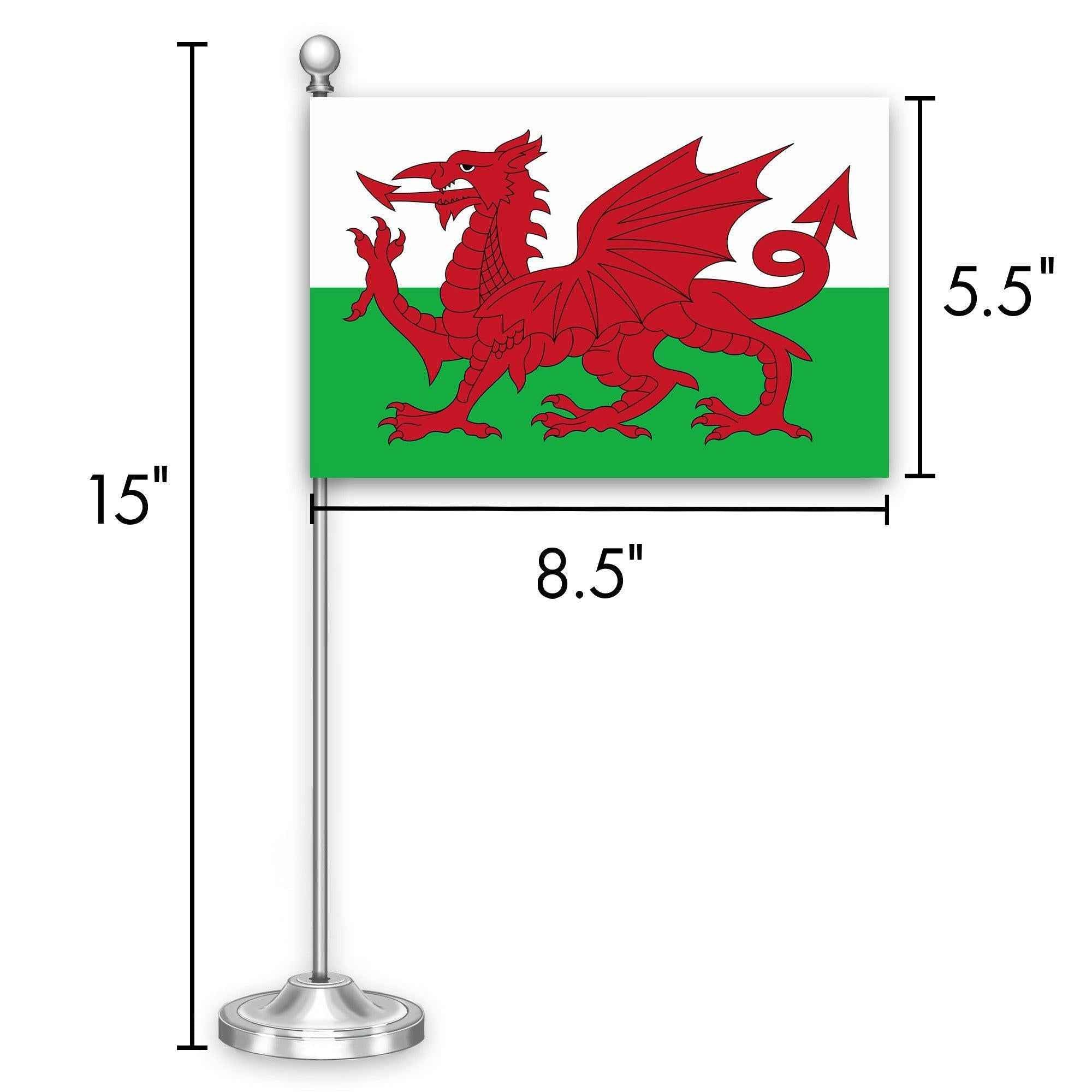 G128 Wales Welsh Deluxe Desk Flag Set | 8.5x5.5 In | Printed 300D Polyester, with Silver Dome and Base, 15" Metal Pole, Decorations For Office, Home and Festival Events Celebration