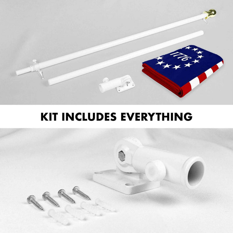 G128 Combo Pack: 5 Ft Tangle Free Aluminum Spinning Flagpole (White) & Betsy Ross 1776 Flag 2.5x4 Ft, ToughWeave Series Embroidered 300D Polyester | Pole with Flag Included