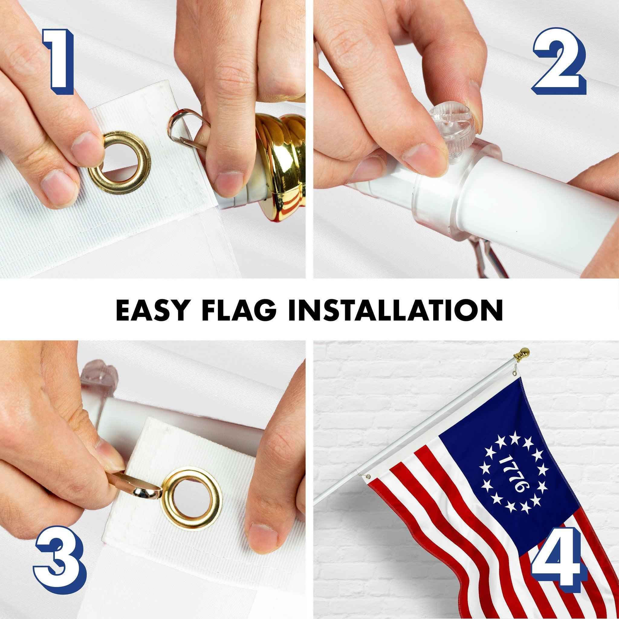 G128 Combo Pack: 5 Ft Tangle Free Aluminum Spinning Flagpole (White) & Betsy Ross 1776 Flag 2.5x4 Ft, ToughWeave Series Embroidered 300D Polyester | Pole with Flag Included