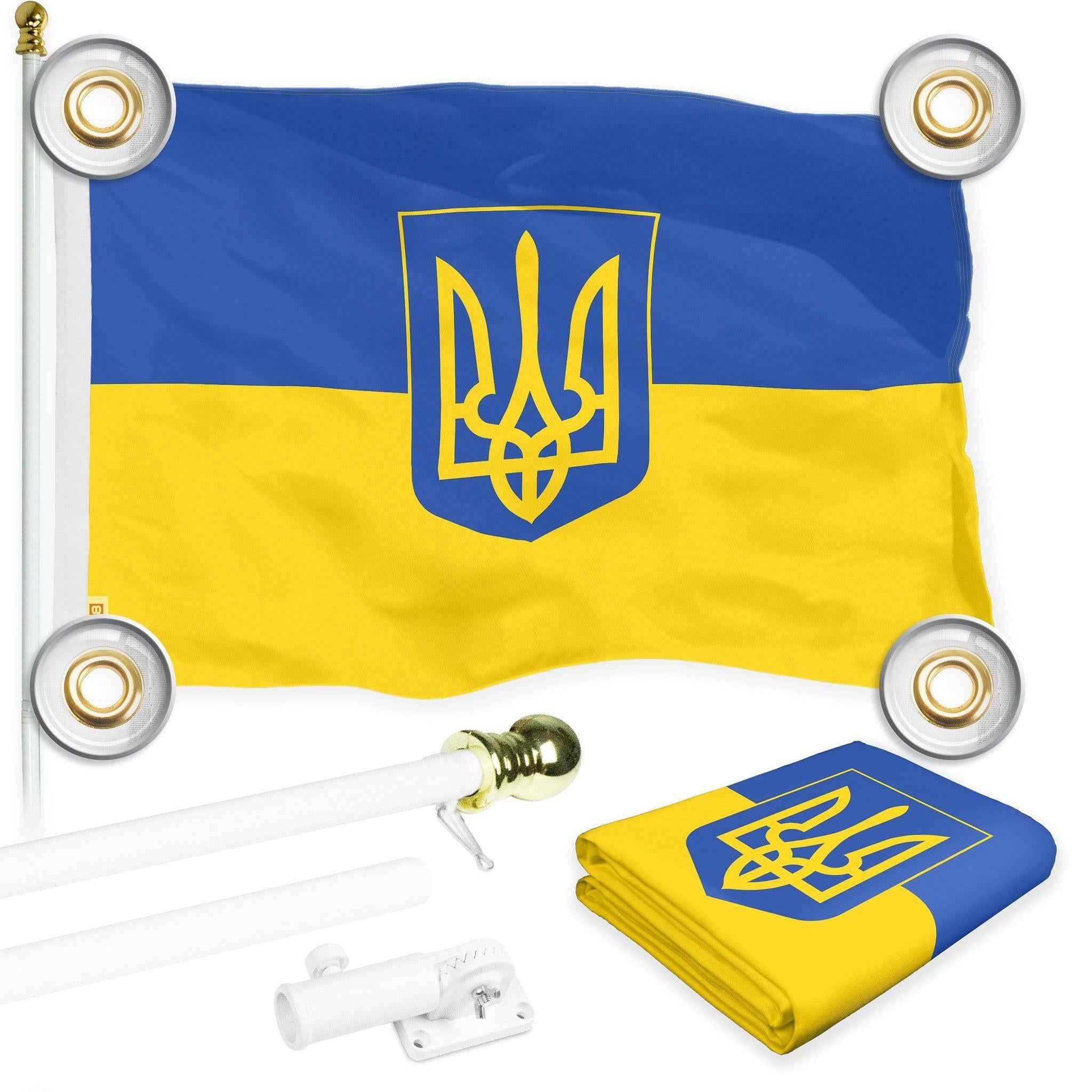 G128 Combo: 6 Ft Tangle Free Aluminum Spinning Flagpole (White) & Ukraine Ukrainian Coat of Arms Flag 3x5 Ft, LiteWeave Pro Printed 150D Polyester, 4 Corner Brass Grommets | Pole with Flag Included