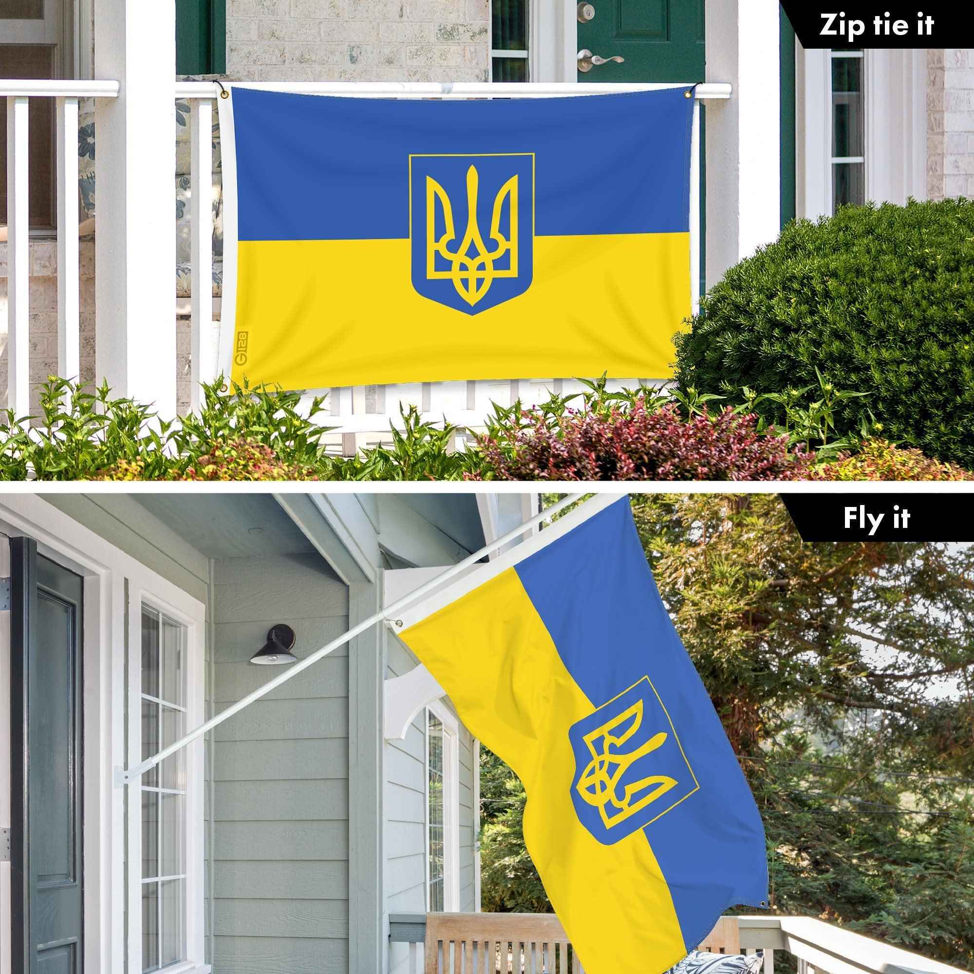 G128 Combo: 6 Ft Tangle Free Aluminum Spinning Flagpole (White) & Ukraine Ukrainian Coat of Arms Flag 3x5 Ft, LiteWeave Pro Printed 150D Polyester, 4 Corner Brass Grommets | Pole with Flag Included