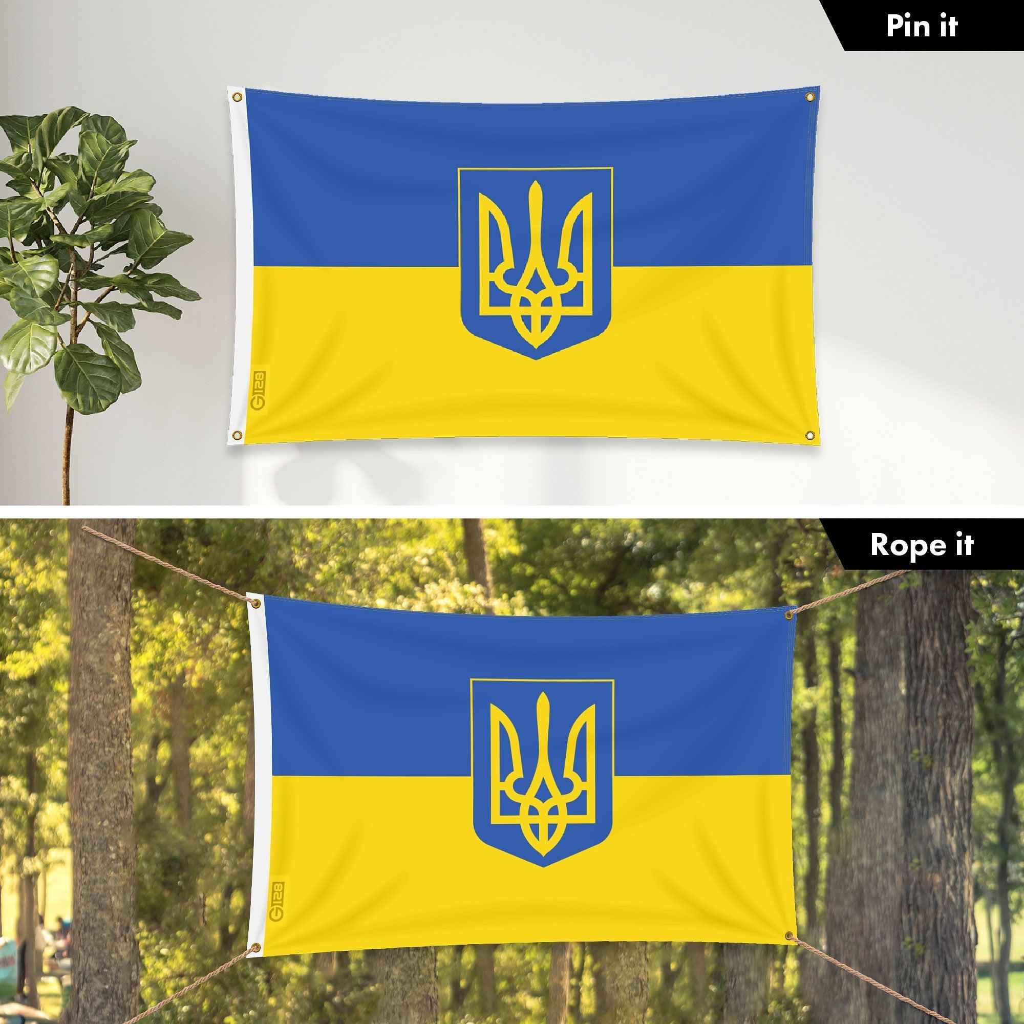 G128 Combo: 6 Ft Tangle Free Aluminum Spinning Flagpole (White) & Ukraine Ukrainian Coat of Arms Flag 3x5 Ft, LiteWeave Pro Printed 150D Polyester, 4 Corner Brass Grommets | Pole with Flag Included