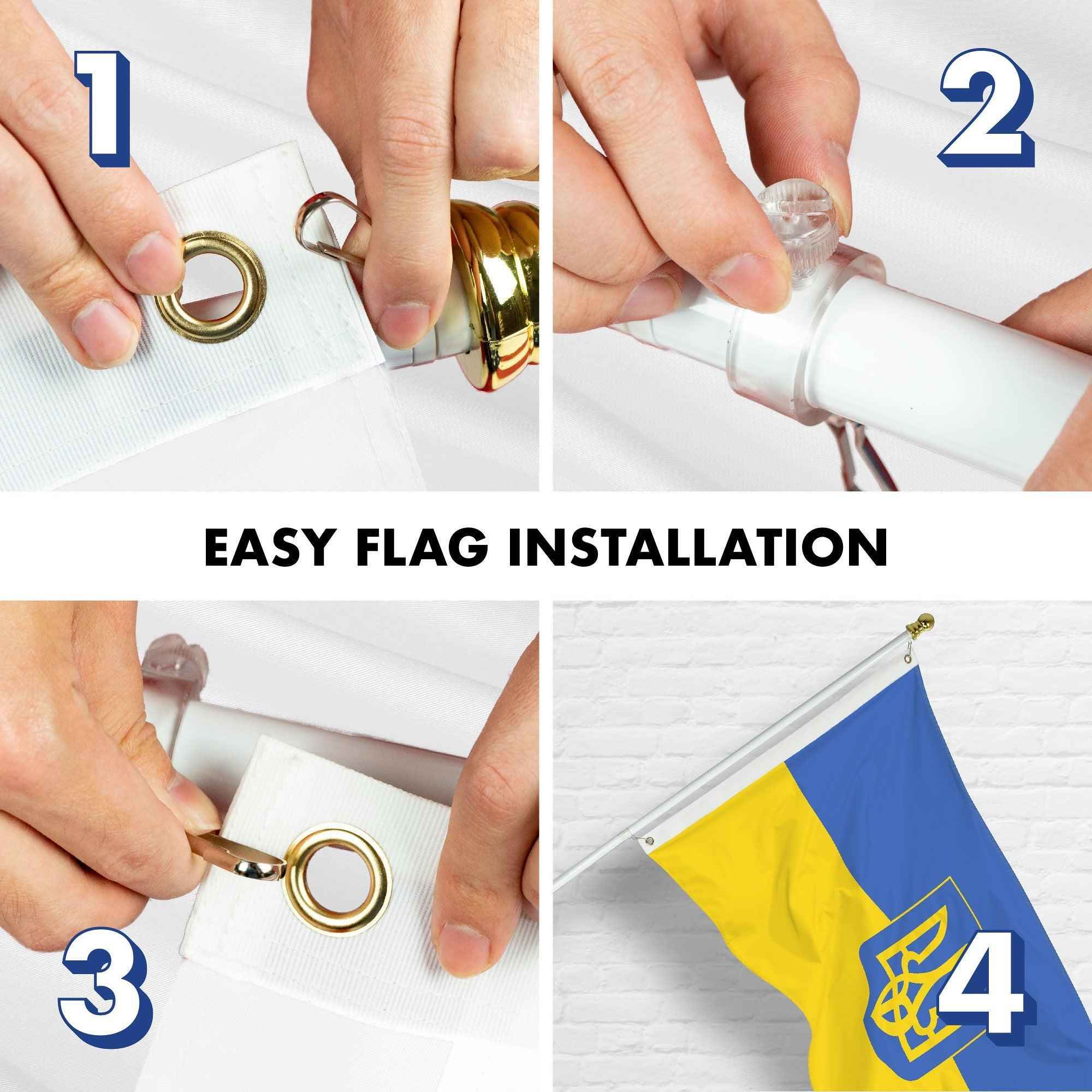 G128 Combo: 6 Ft Tangle Free Aluminum Spinning Flagpole (White) & Ukraine Ukrainian Coat of Arms Flag 3x5 Ft, LiteWeave Pro Printed 150D Polyester, 4 Corner Brass Grommets | Pole with Flag Included