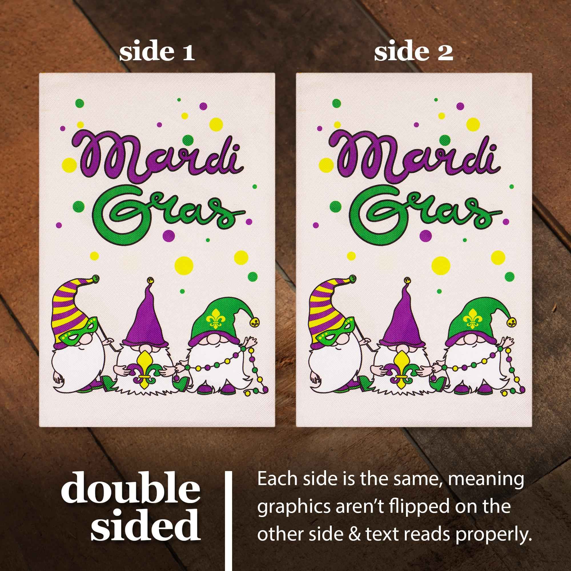 G128 Combo Pack: Garden Flag Stand Black 36 in x 16 in & Garden Flag Mardi Gras Decoration Three Gnomes 12"x18" Double-Sided Burlap Fabric