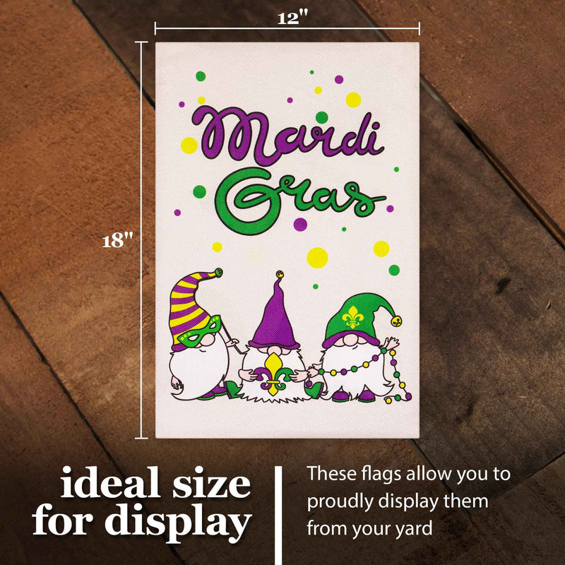 G128 Combo Pack: Garden Flag Stand Black 36 in x 16 in & Garden Flag Mardi Gras Decoration Three Gnomes 12"x18" Double-Sided Burlap Fabric