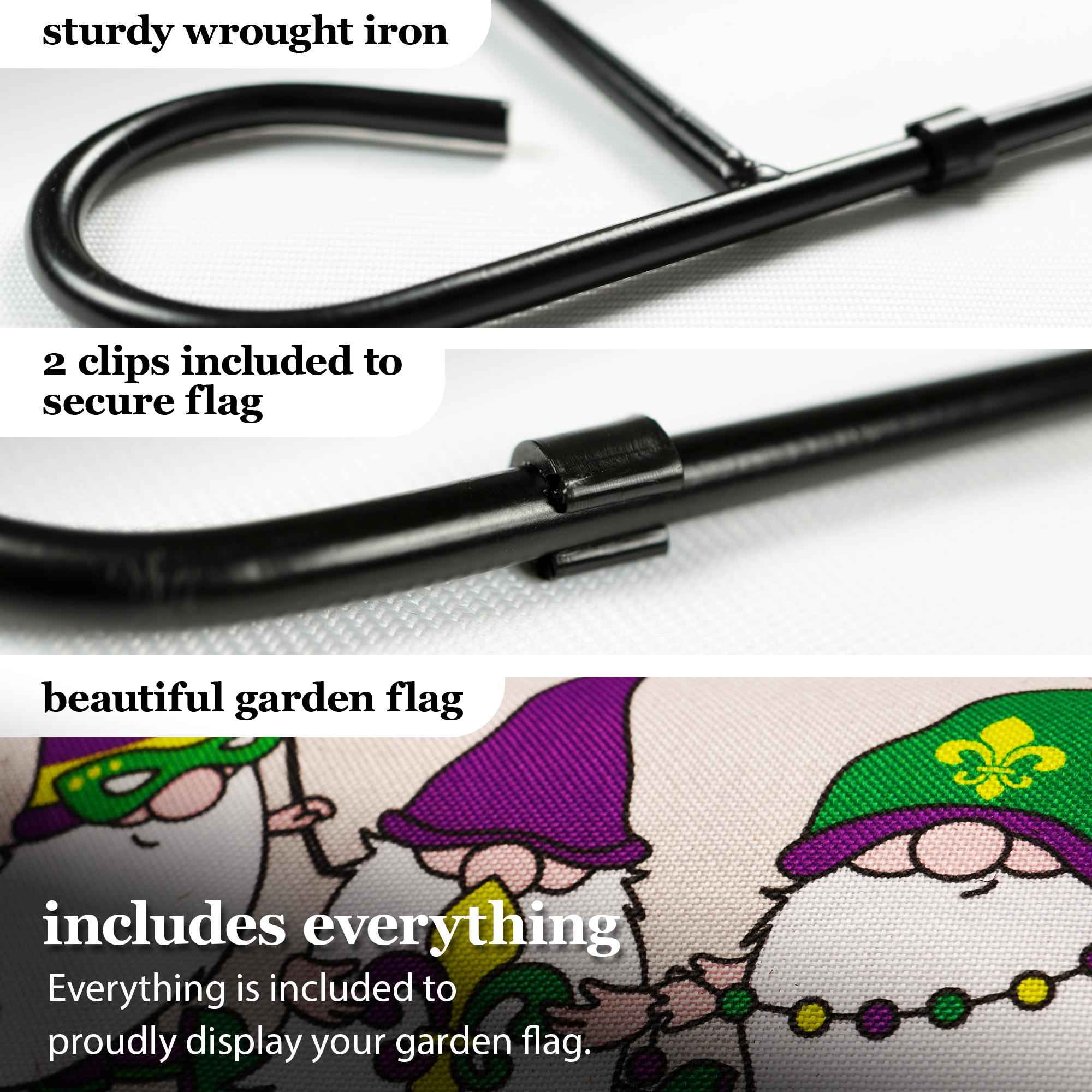 G128 Combo Pack: Garden Flag Stand Black 36 in x 16 in & Garden Flag Mardi Gras Decoration Three Gnomes 12"x18" Double-Sided Burlap Fabric
