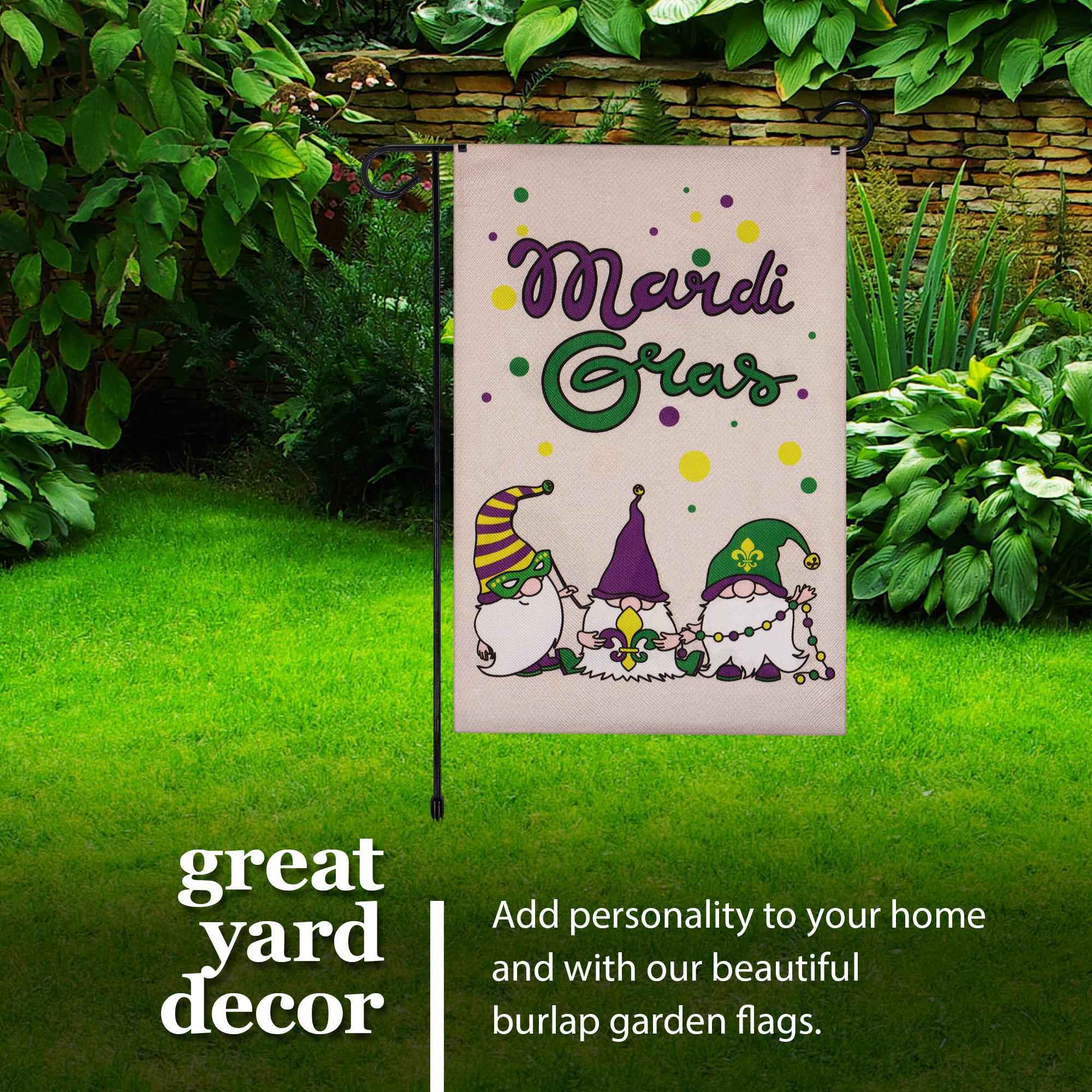 G128 Combo Pack: Garden Flag Stand Black 36 in x 16 in & Garden Flag Mardi Gras Decoration Three Gnomes 12"x18" Double-Sided Burlap Fabric