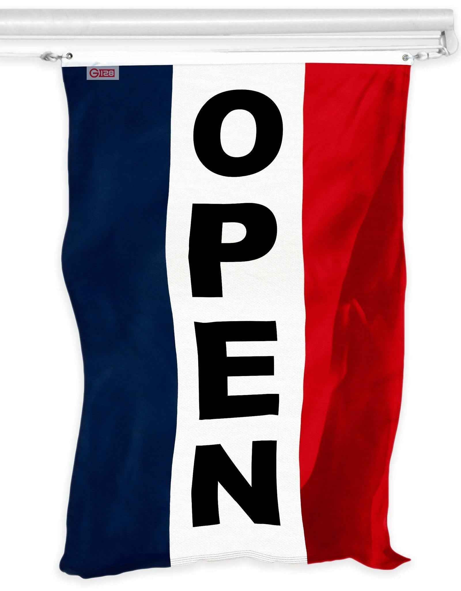 G128 Open Vertical sign Flag | 3x5 feet | Printed 150D, Indoor/Outdoor, Vibrant Colors, Brass Grommets, Quality Polyester, Much Thicker More Durable Than 100D 75D Polyester