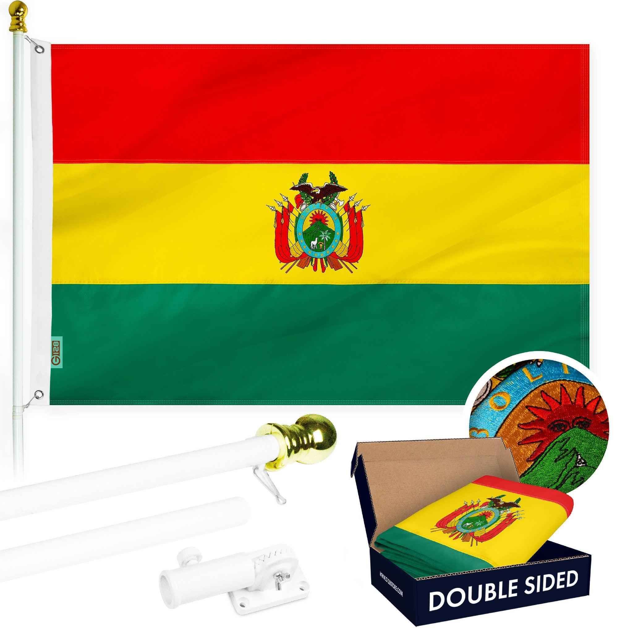G128 Combo Pack: 6 Ft Tangle Free Aluminum Spinning Flagpole (White) & Bolivia Flag 3x5 Ft, Double ToughWeave Series Double Sided Embroidered 210D Polyester | Pole with Flag Included