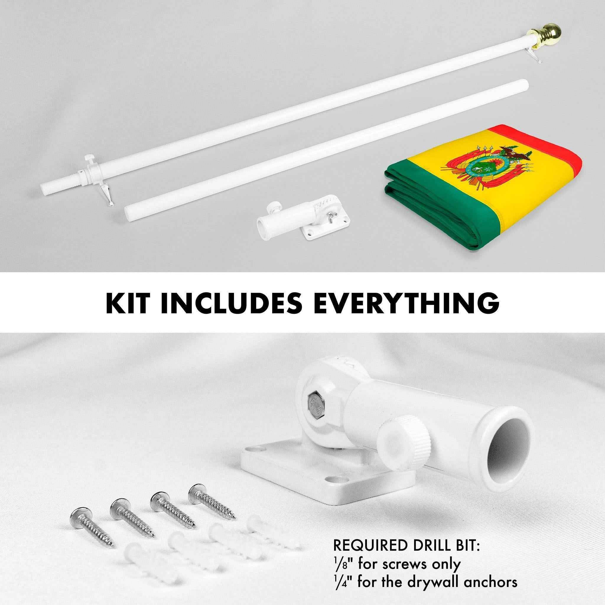 G128 Combo Pack: 6 Ft Tangle Free Aluminum Spinning Flagpole (White) & Bolivia Flag 3x5 Ft, Double ToughWeave Series Double Sided Embroidered 210D Polyester | Pole with Flag Included