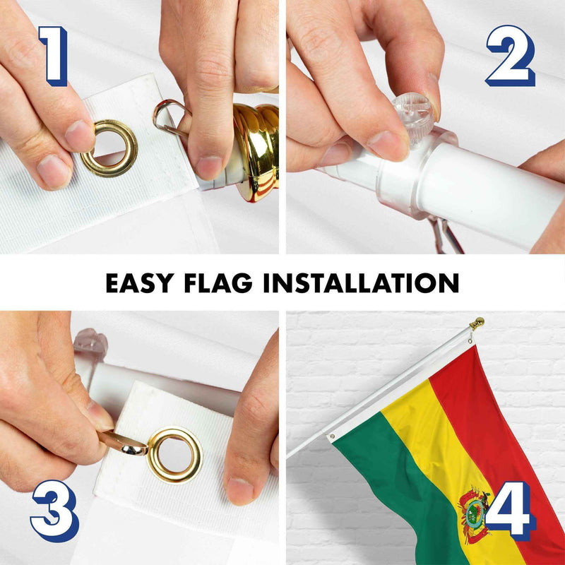 G128 Combo Pack: 6 Ft Tangle Free Aluminum Spinning Flagpole (White) & Bolivia Flag 3x5 Ft, Double ToughWeave Series Double Sided Embroidered 210D Polyester | Pole with Flag Included