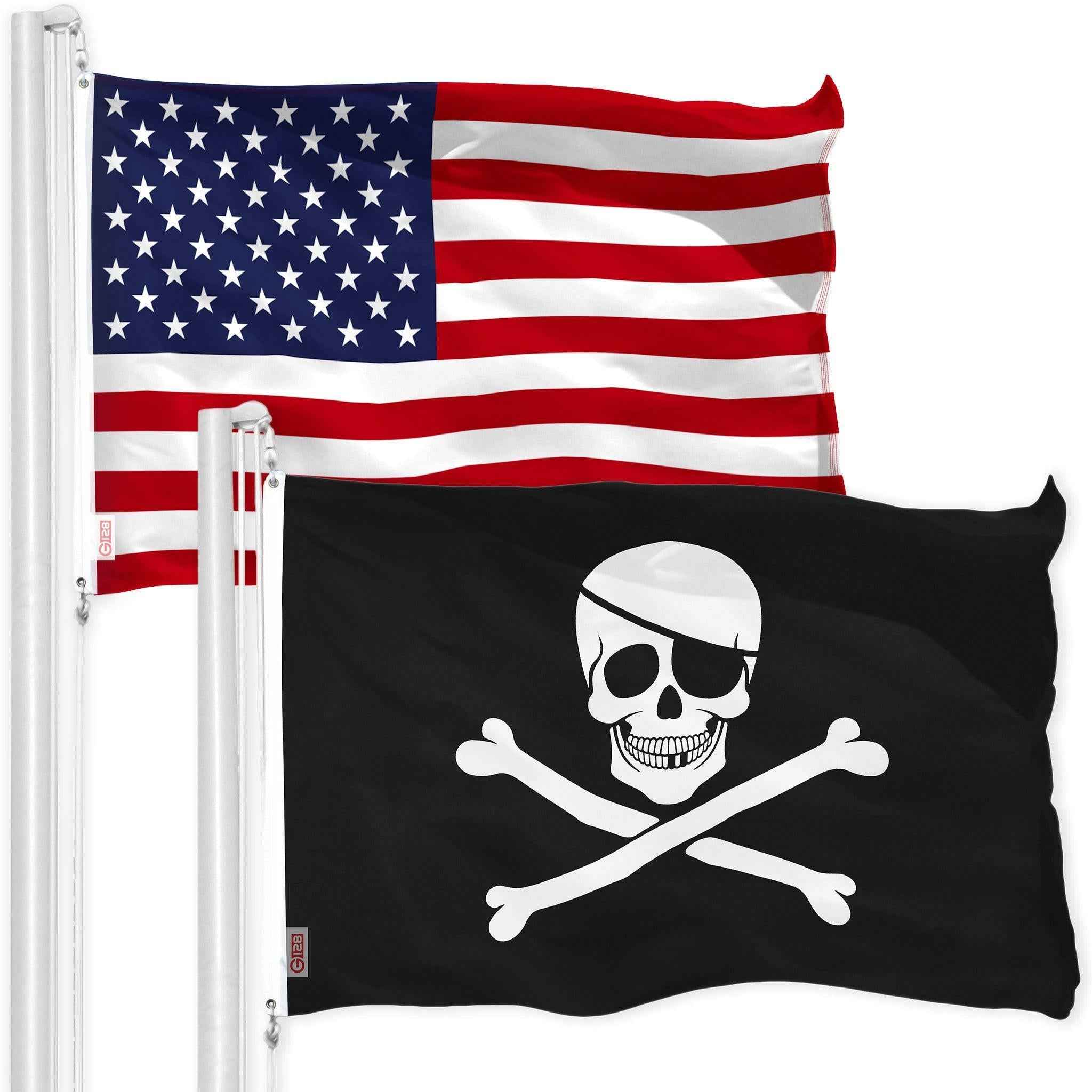 G128 Combo Pack: USA American Flag & Pirate Jolly Roger Bones Flag 3x5 FT Printed 150D Polyester