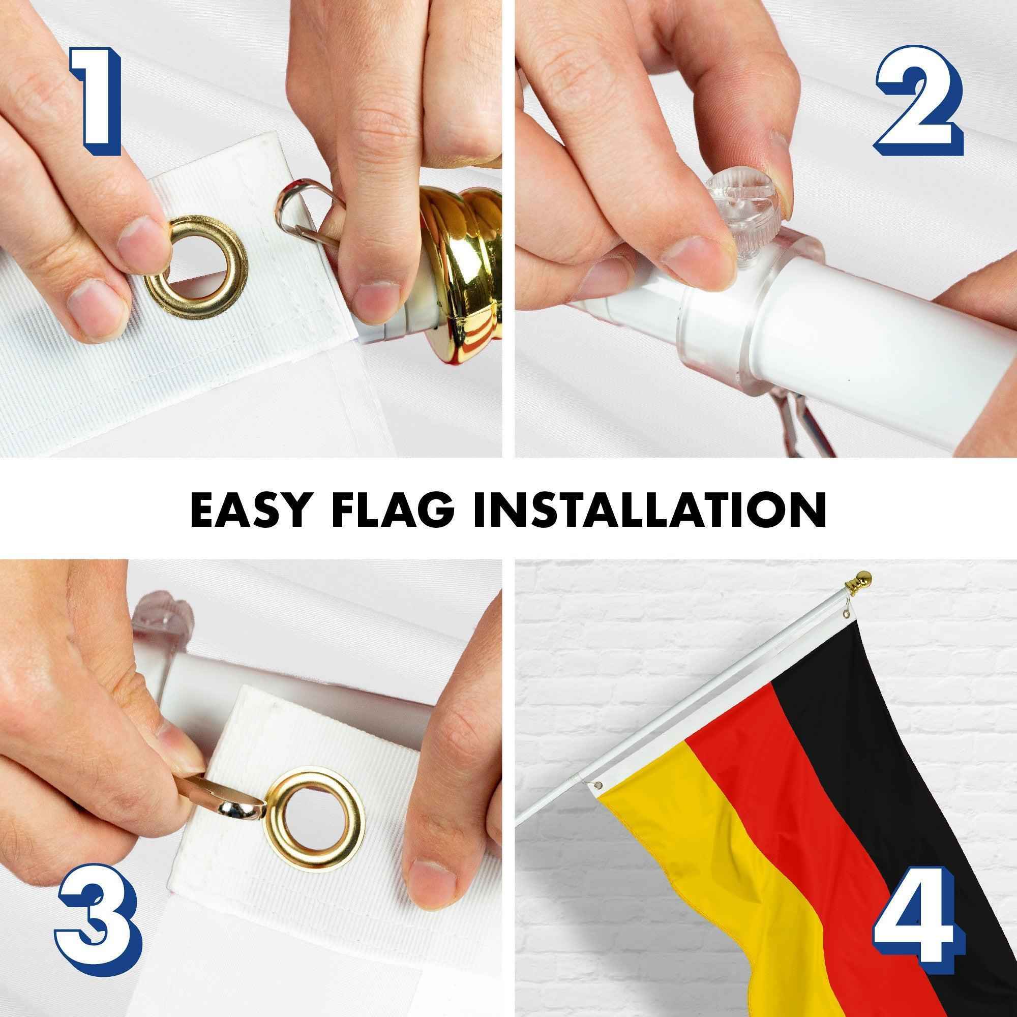 G128 Combo Pack: 6 Feet Tangle Free Spinning Flagpole (White) Germany German Flag 3x5 ft Printed 150D Brass Grommets (Flag Included) Aluminum Flag Pole