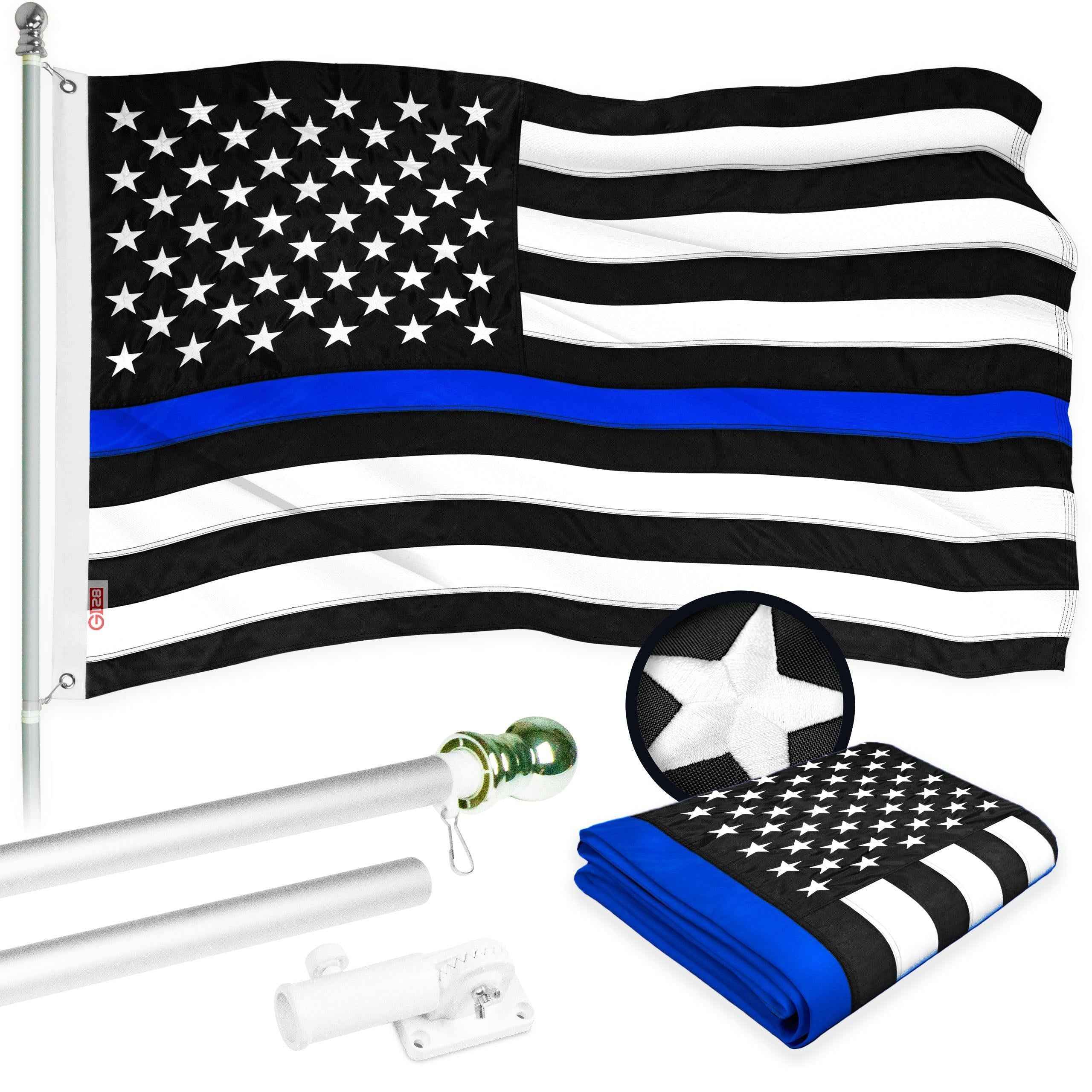 G128 - 5 Feet Tangle Free Spinning Flagpole (Silver) Thin Blue Line Flag Brass Grommets Embroidered 2x3 ft (Flag Included) Aluminum Flag Pole