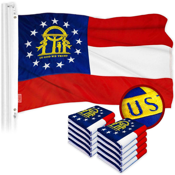 G128 10 Pack: Georgia GA State Flag | 2x3 Ft | ToughWeave Series Embroidered 300D Polyester | Embroidered Design, Indoor/Outdoor, Brass Grommets