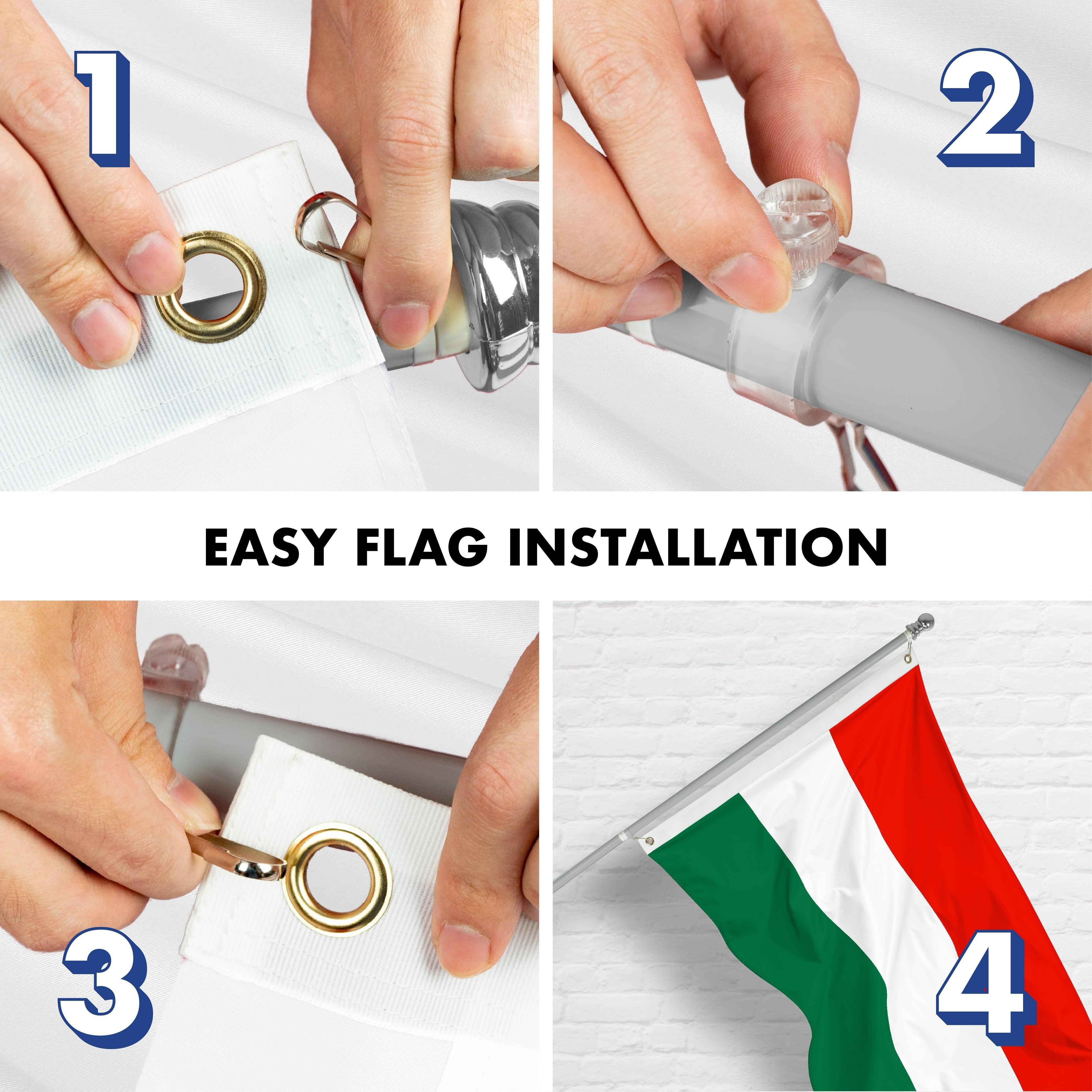G128 Combo Pack: 6 Ft Tangle Free Spinning Flagpole (Silver) & Hungary Flag 3x5 Ft Printed 150D Polyester, Brass Grommets (Flag Included) Aluminum Flag Pole