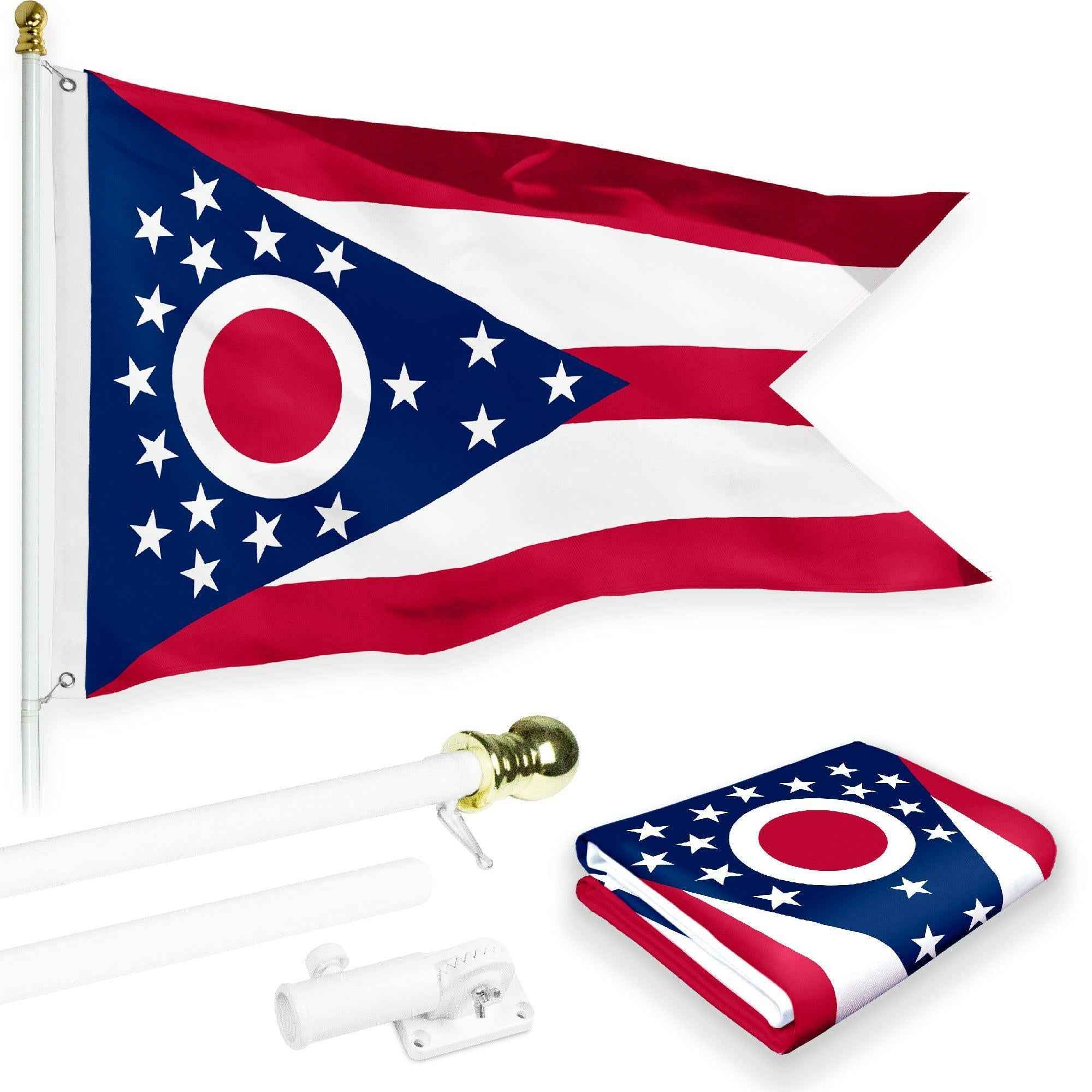G128 Combo Pack: 6 Feet Tangle Free Spinning Flagpole (White) Ohio OH State Flag 3x5 ft Printed 150D Brass Grommets (Flag Included) Aluminum Flag Pole