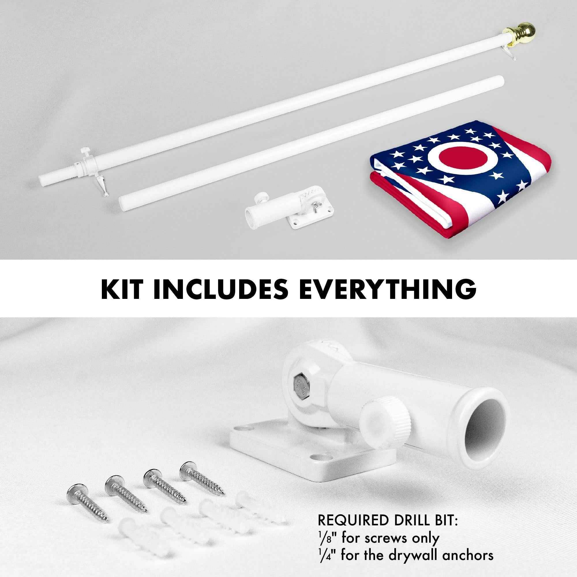 G128 Combo Pack: 6 Feet Tangle Free Spinning Flagpole (White) Ohio OH State Flag 3x5 ft Printed 150D Brass Grommets (Flag Included) Aluminum Flag Pole
