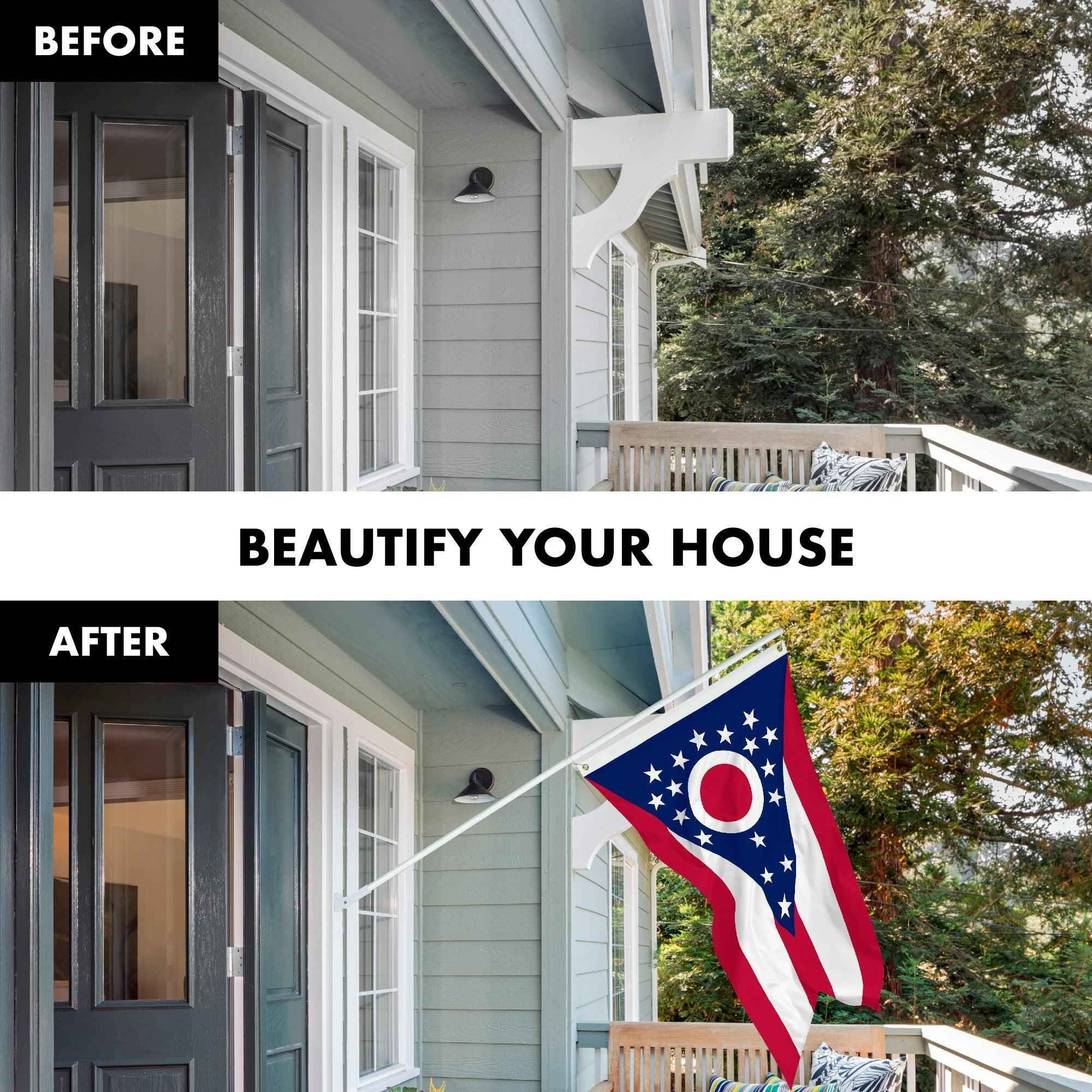 G128 Combo Pack: 6 Feet Tangle Free Spinning Flagpole (White) Ohio OH State Flag 3x5 ft Printed 150D Brass Grommets (Flag Included) Aluminum Flag Pole