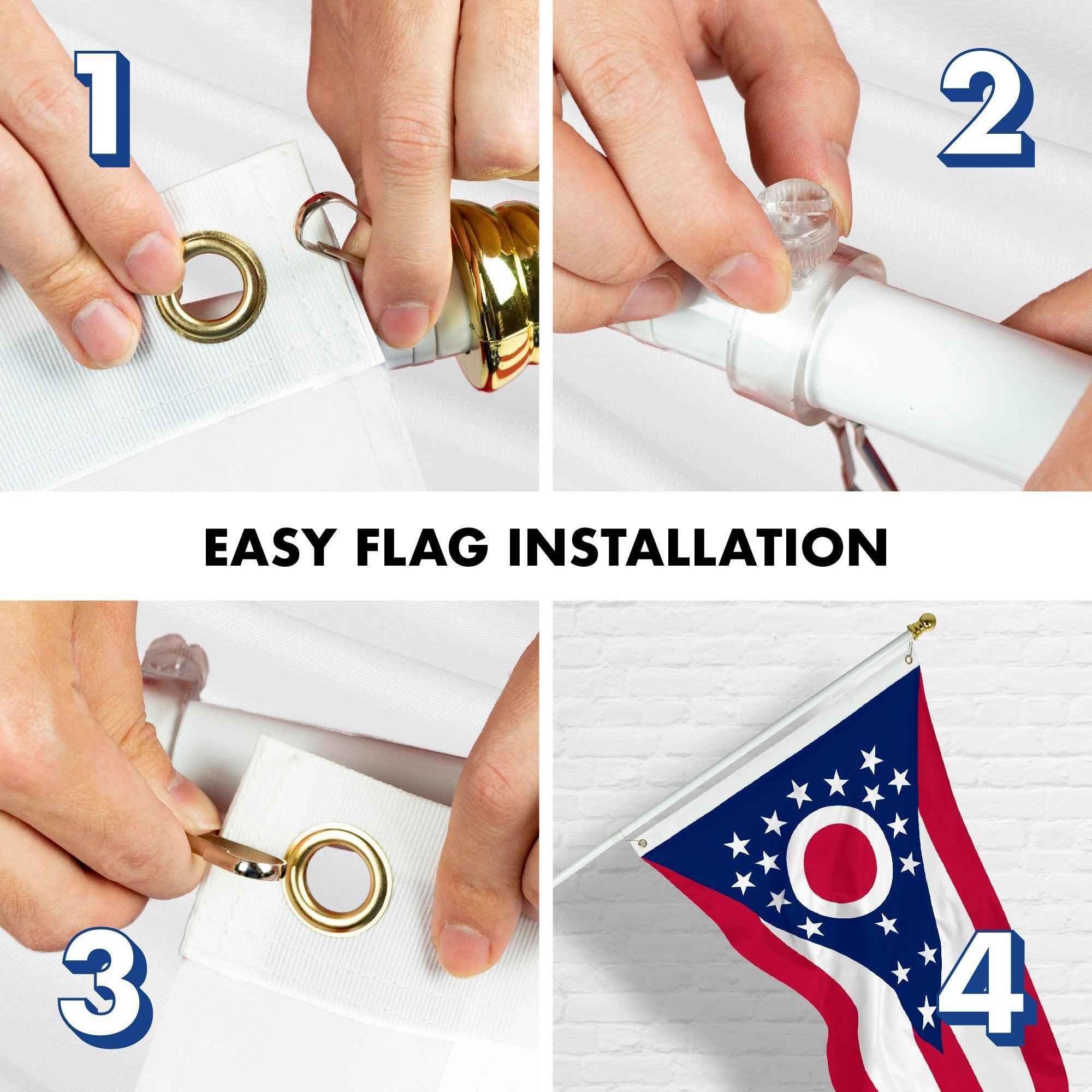 G128 Combo Pack: 6 Feet Tangle Free Spinning Flagpole (White) Ohio OH State Flag 3x5 ft Printed 150D Brass Grommets (Flag Included) Aluminum Flag Pole
